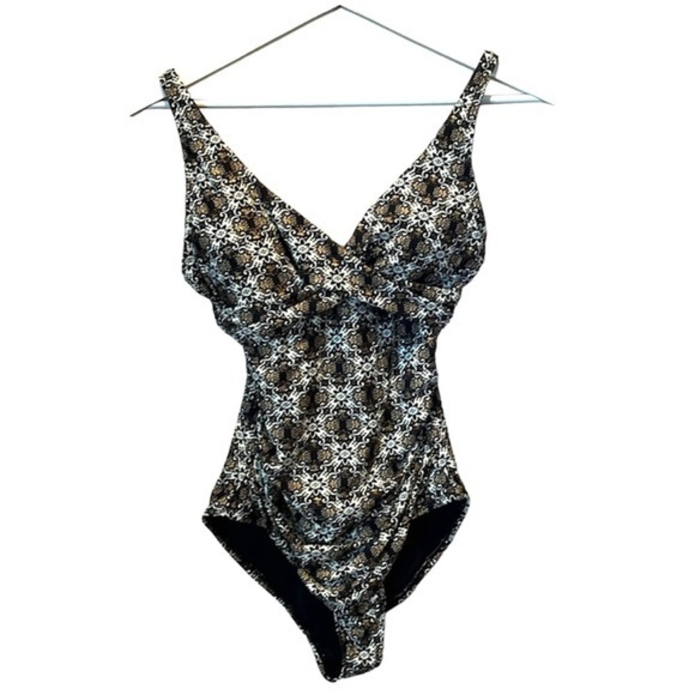 Nip Tuck Women’s Slimming Swimsuit One Piece Black Gold Tan White Size 6